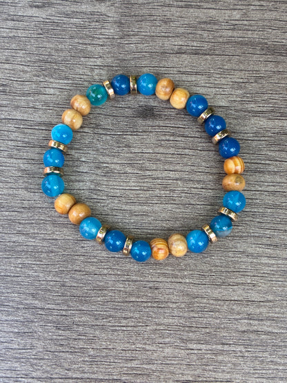 Blue Agate & Wood Beaded Bracelet featuring Gold Accents- Size Small