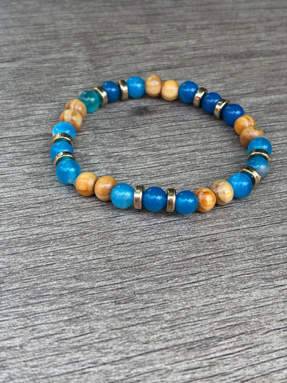 Blue Agate & Wood Beaded Bracelet featuring Gold Accents- Size Small