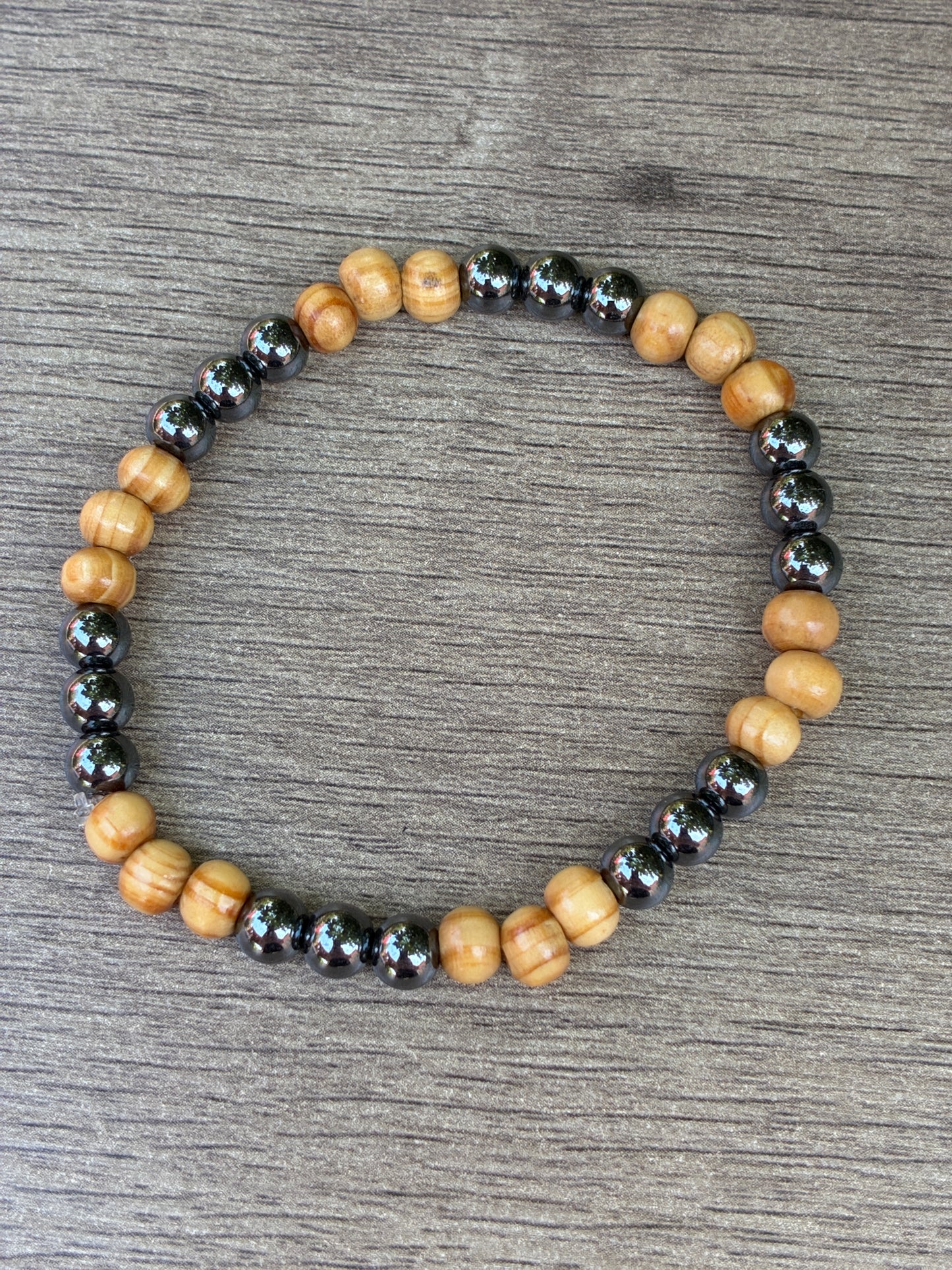 Hematite & Wood Beaded Bracelet- Size Large