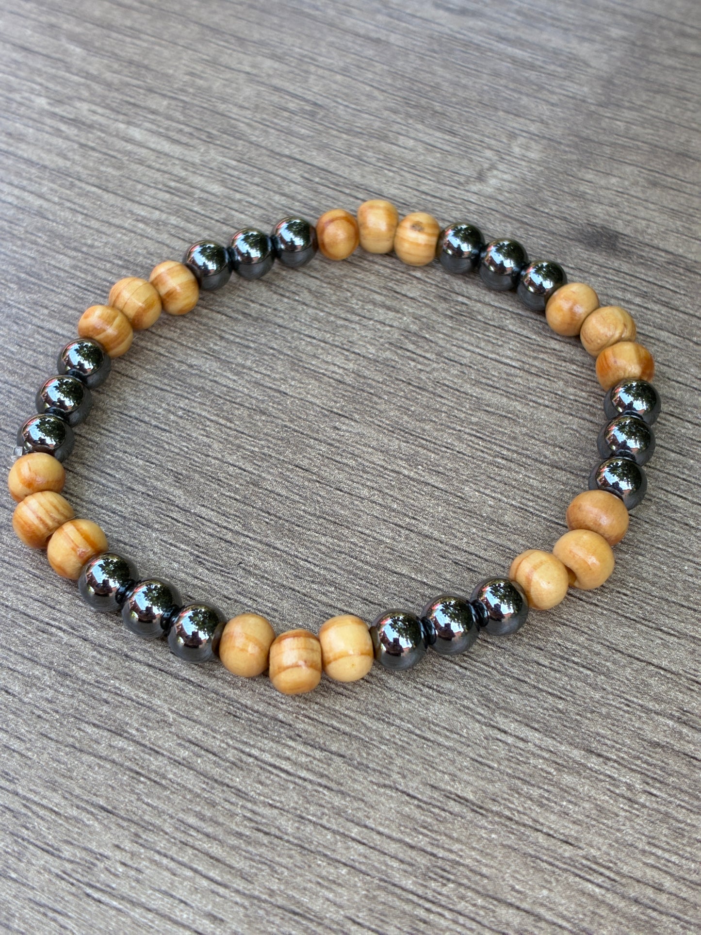 Hematite & Wood Beaded Bracelet- Size Large