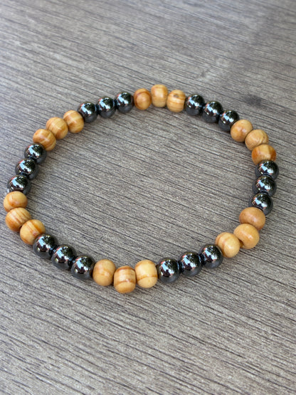 Hematite & Wood Beaded Bracelet- Size Large