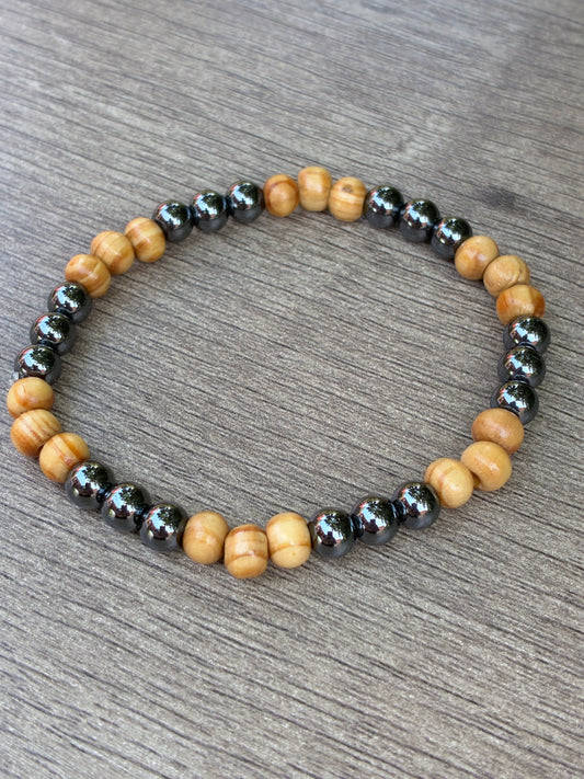 Hematite & Wood Beaded Bracelet- Size Large