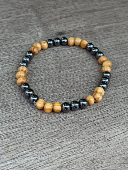 Hematite & Wood Beaded Bracelet- Size Large