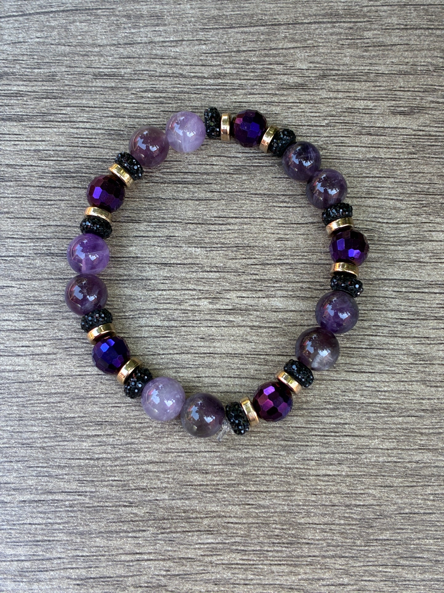Amethyst & Black Beaded Bracelet featuring Gold Accents- Size Small