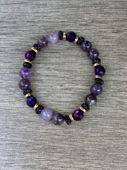 Amethyst & Black Beaded Bracelet featuring Gold Accents- Size Small