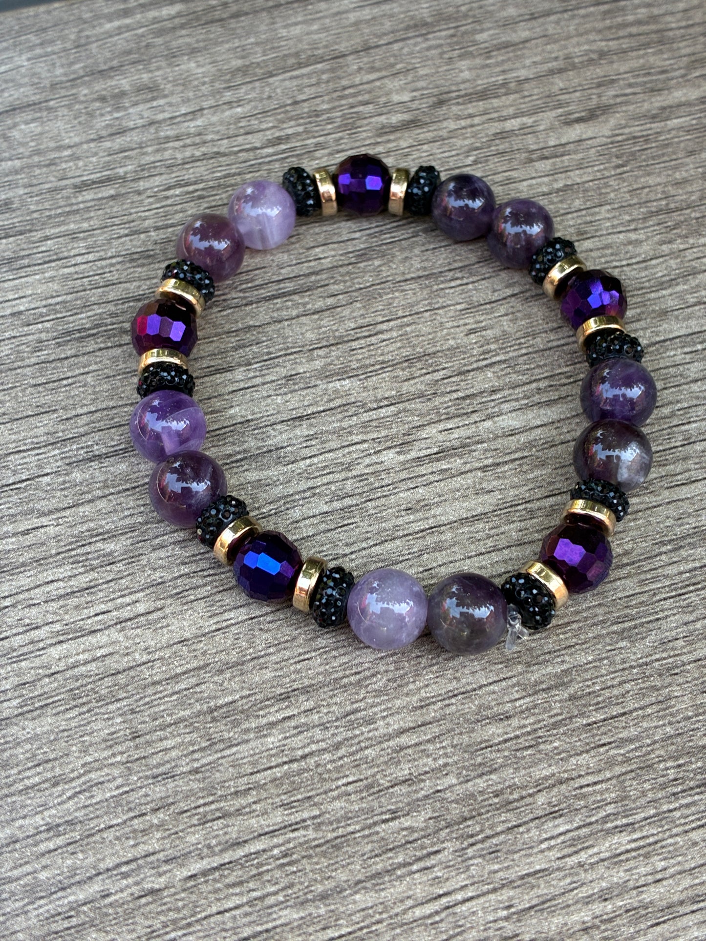 Amethyst & Black Beaded Bracelet featuring Gold Accents- Size Small