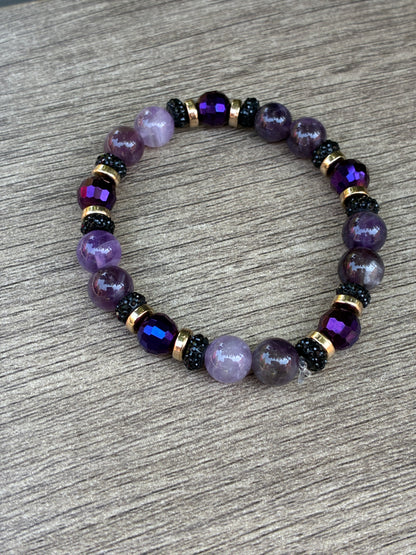 Amethyst & Black Beaded Bracelet featuring Gold Accents- Size Small