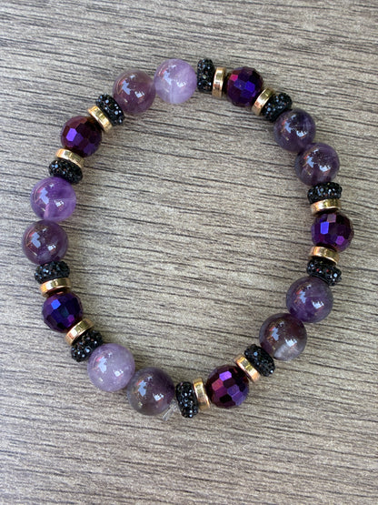 Amethyst & Black Beaded Bracelet featuring Gold Accents- Size Small