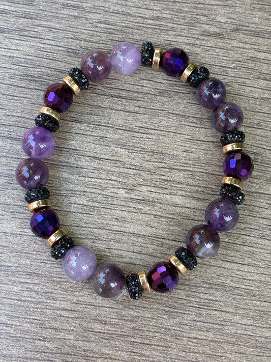 Amethyst & Black Beaded Bracelet featuring Gold Accents- Size Small