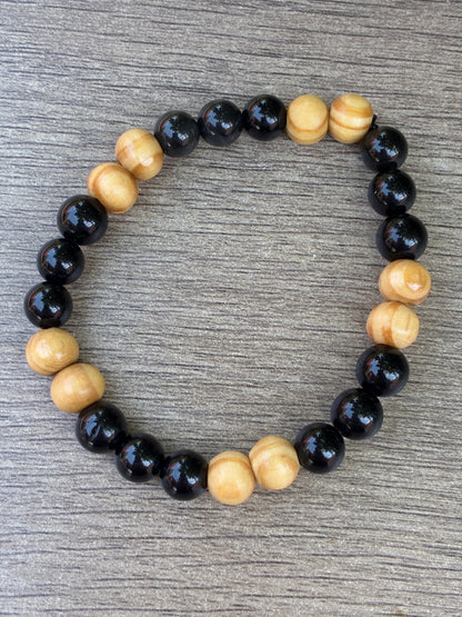 Black Obsidian & Wood Beaded Bracelet- Size Medium