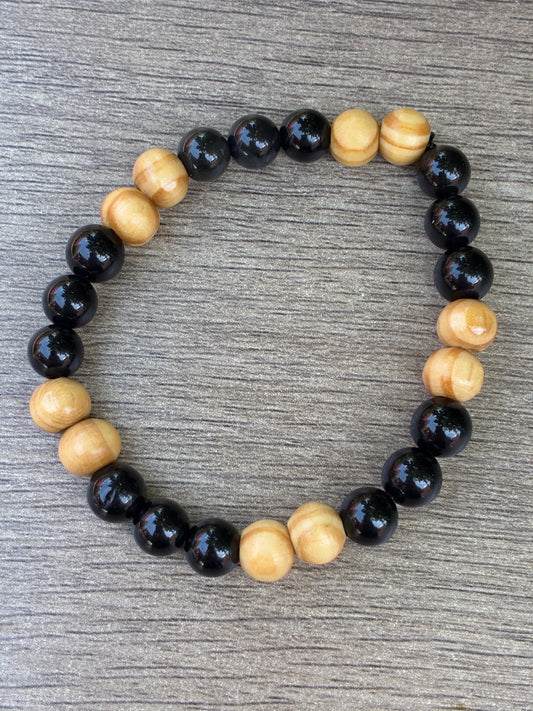 Black Obsidian & Wood Beaded Bracelet- Size Medium