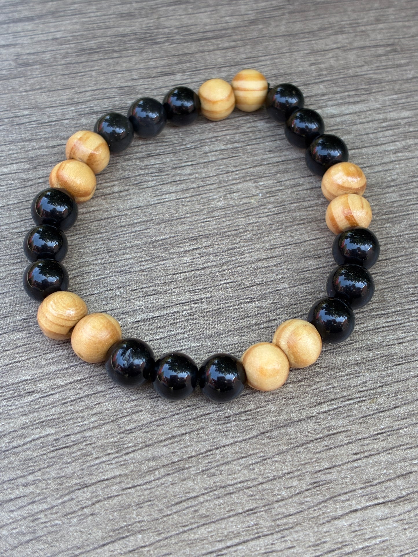 Black Obsidian & Wood Beaded Bracelet- Size Medium