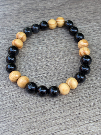 Black Obsidian & Wood Beaded Bracelet- Size Medium