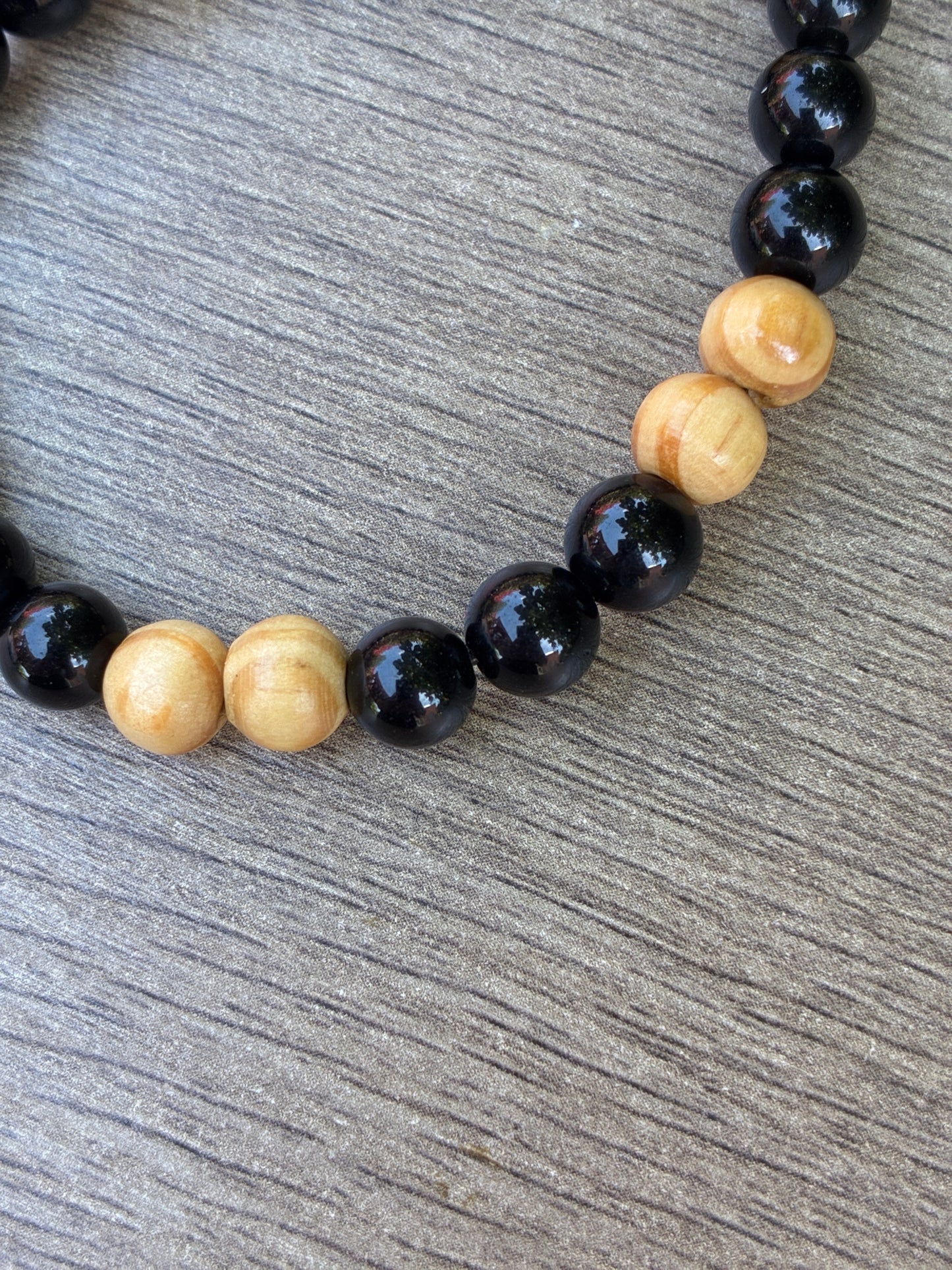 Black Obsidian & Wood Beaded Bracelet- Size Medium