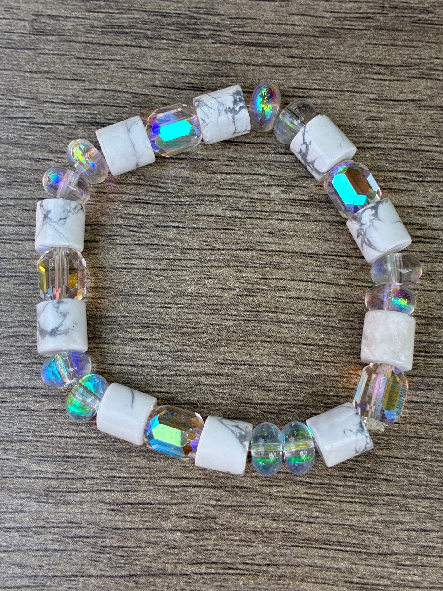 Howlite Cylinder & Iridescent Beaded Bracelet- Size Medium