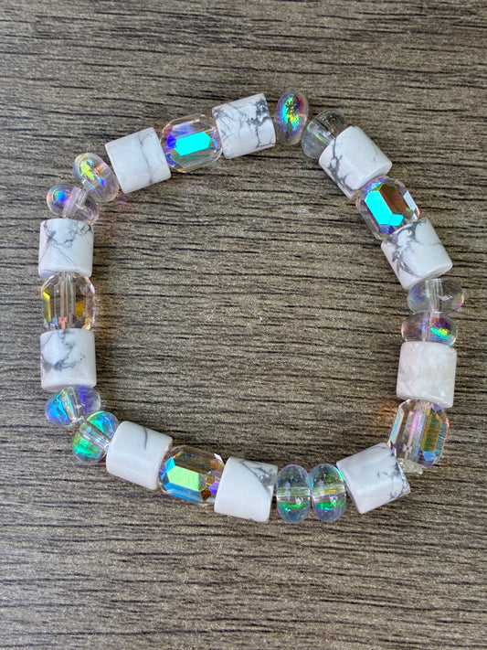 Howlite Cylinder & Iridescent Beaded Bracelet- Size Medium
