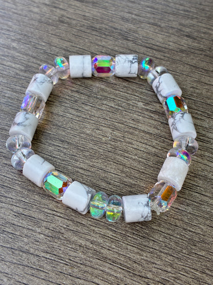 Howlite Cylinder & Iridescent Beaded Bracelet- Size Medium