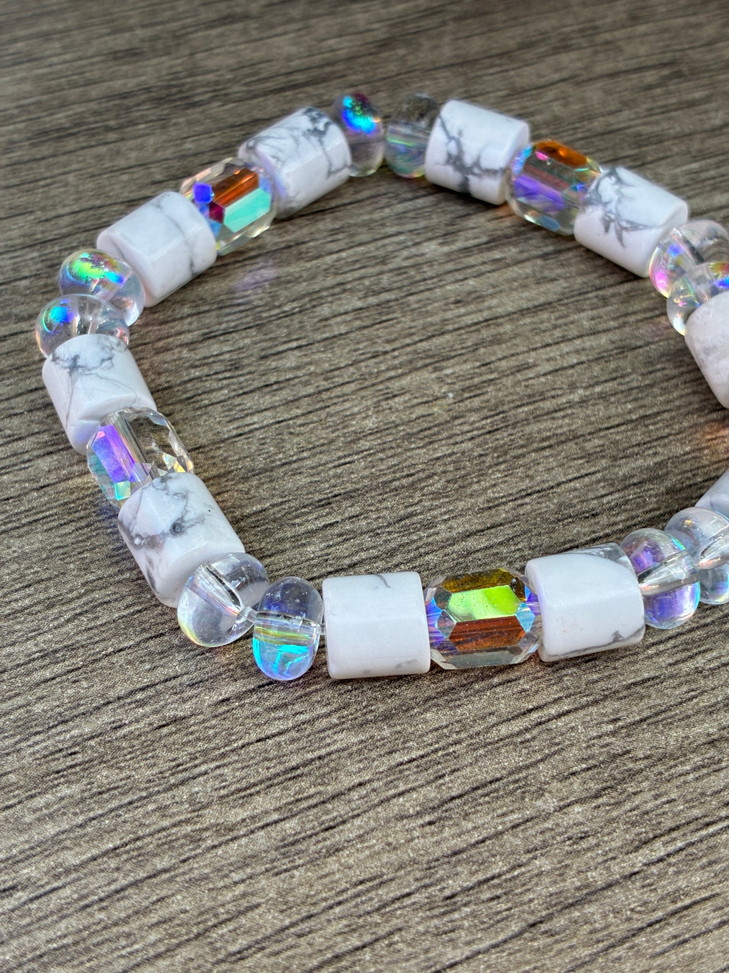 Howlite Cylinder & Iridescent Beaded Bracelet- Size Medium