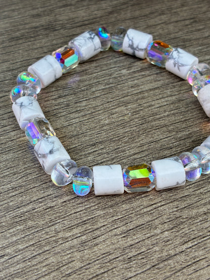Howlite Cylinder & Iridescent Beaded Bracelet- Size Medium