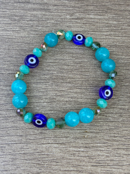 Larimar Beaded Crystal Bracelet featuring Evil Eye Beads-Size Small