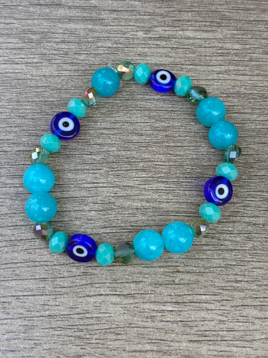 Larimar Beaded Crystal Bracelet featuring Evil Eye Beads-Size Small