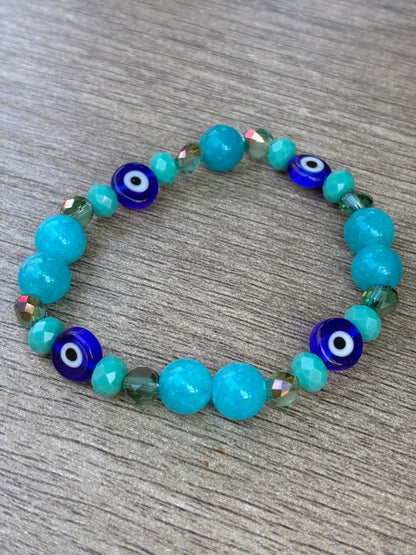 Larimar Beaded Crystal Bracelet featuring Evil Eye Beads-Size Small