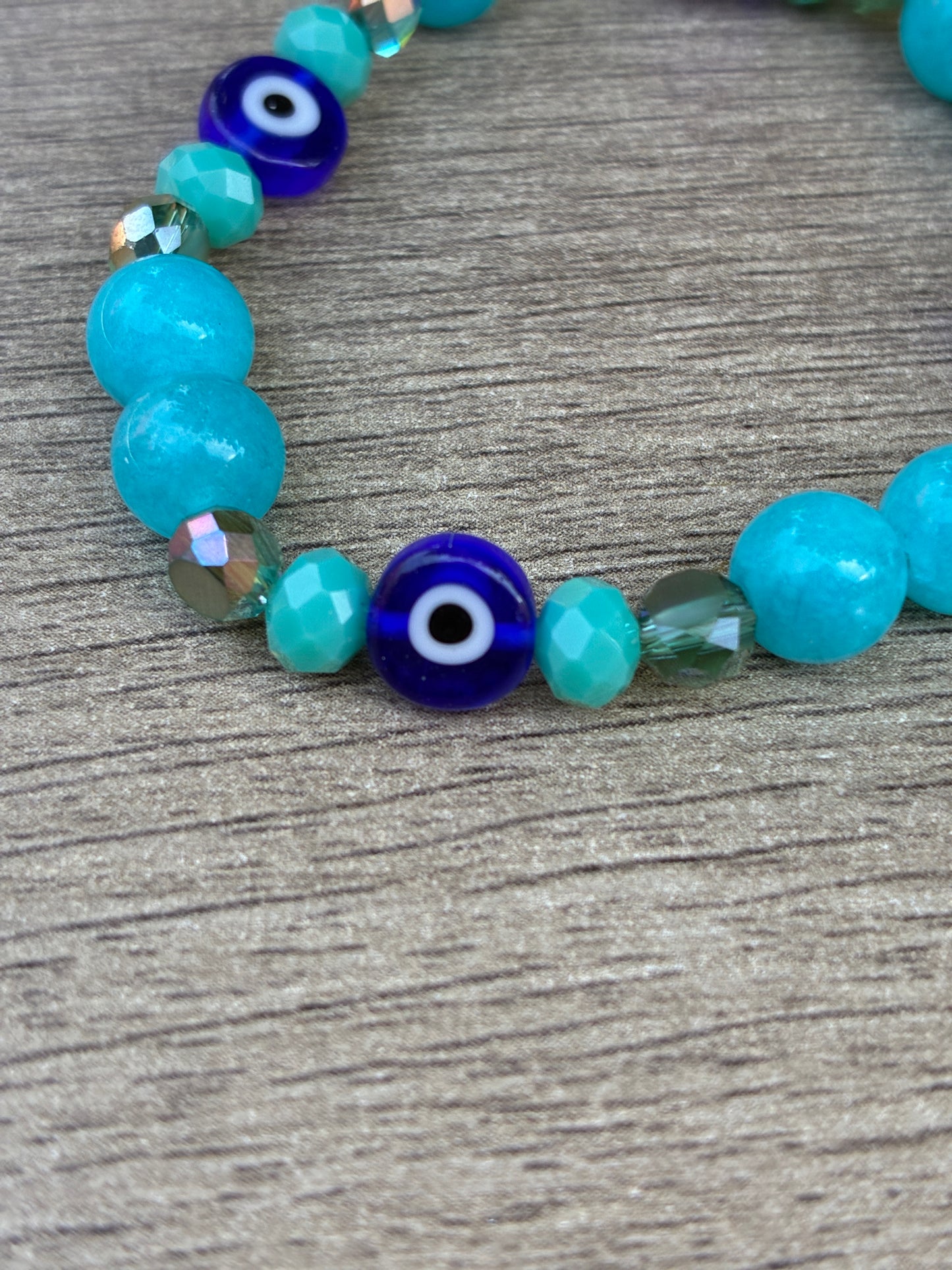 Larimar Beaded Crystal Bracelet featuring Evil Eye Beads-Size Small