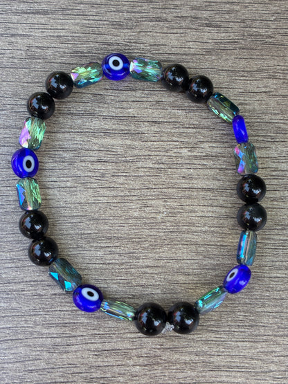 Obsidian & Metallic Blue Beaded Bracelet featuring an Evil Eye bead- Size Large