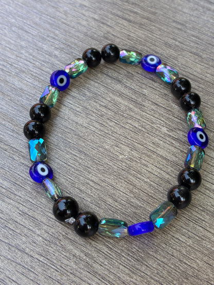 Obsidian & Metallic Blue Beaded Bracelet featuring an Evil Eye bead- Size Large