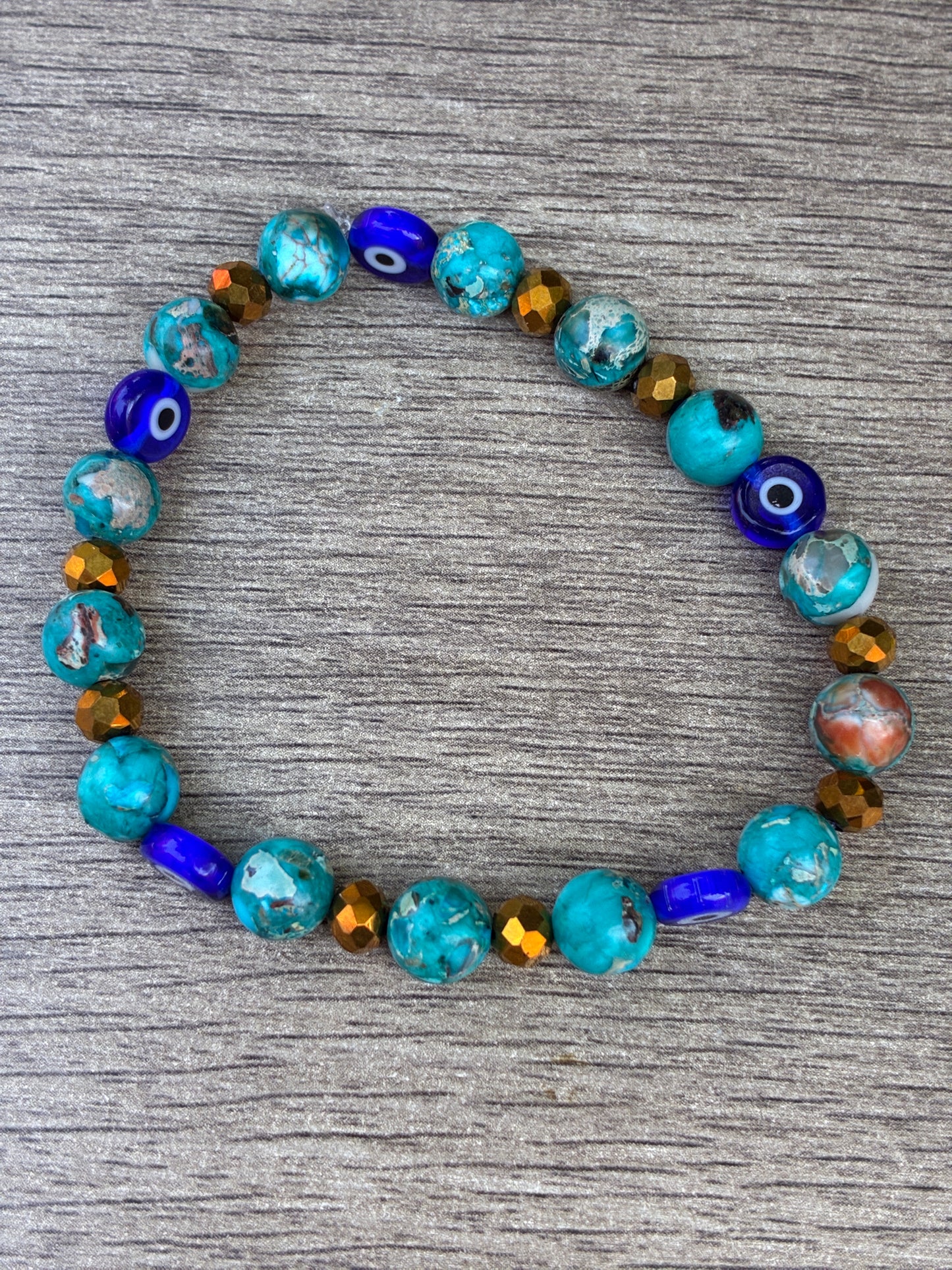 Blue Serpentine Beaded Crystal Bracelet featuring Evil Eye Bead- Size Large
