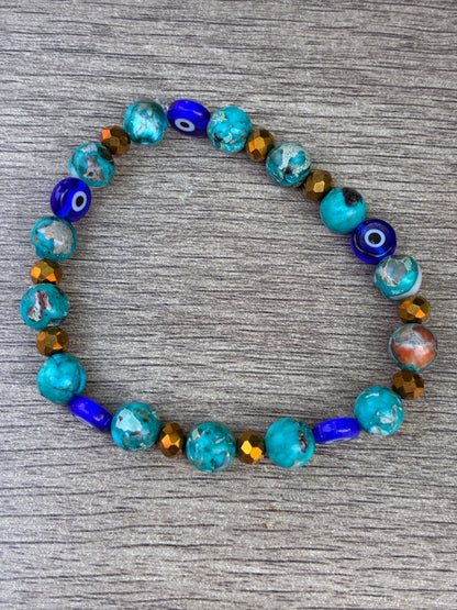 Blue Serpentine Beaded Crystal Bracelet featuring Evil Eye Bead- Size Large