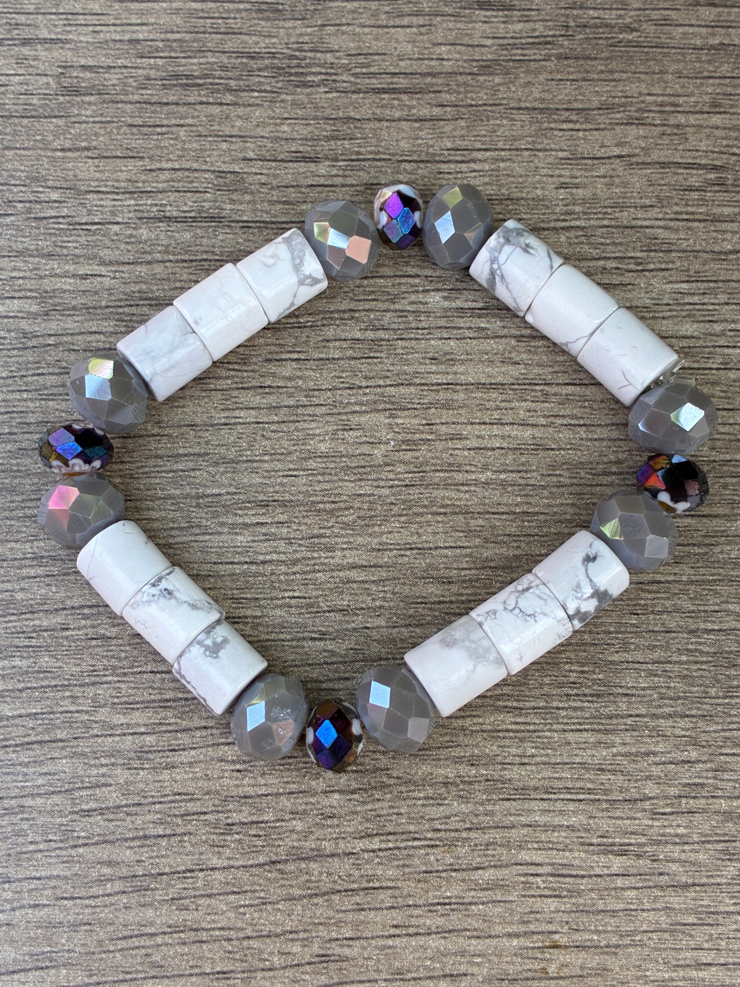 Howlite & Grey Beaded Bracelet- Size Medium