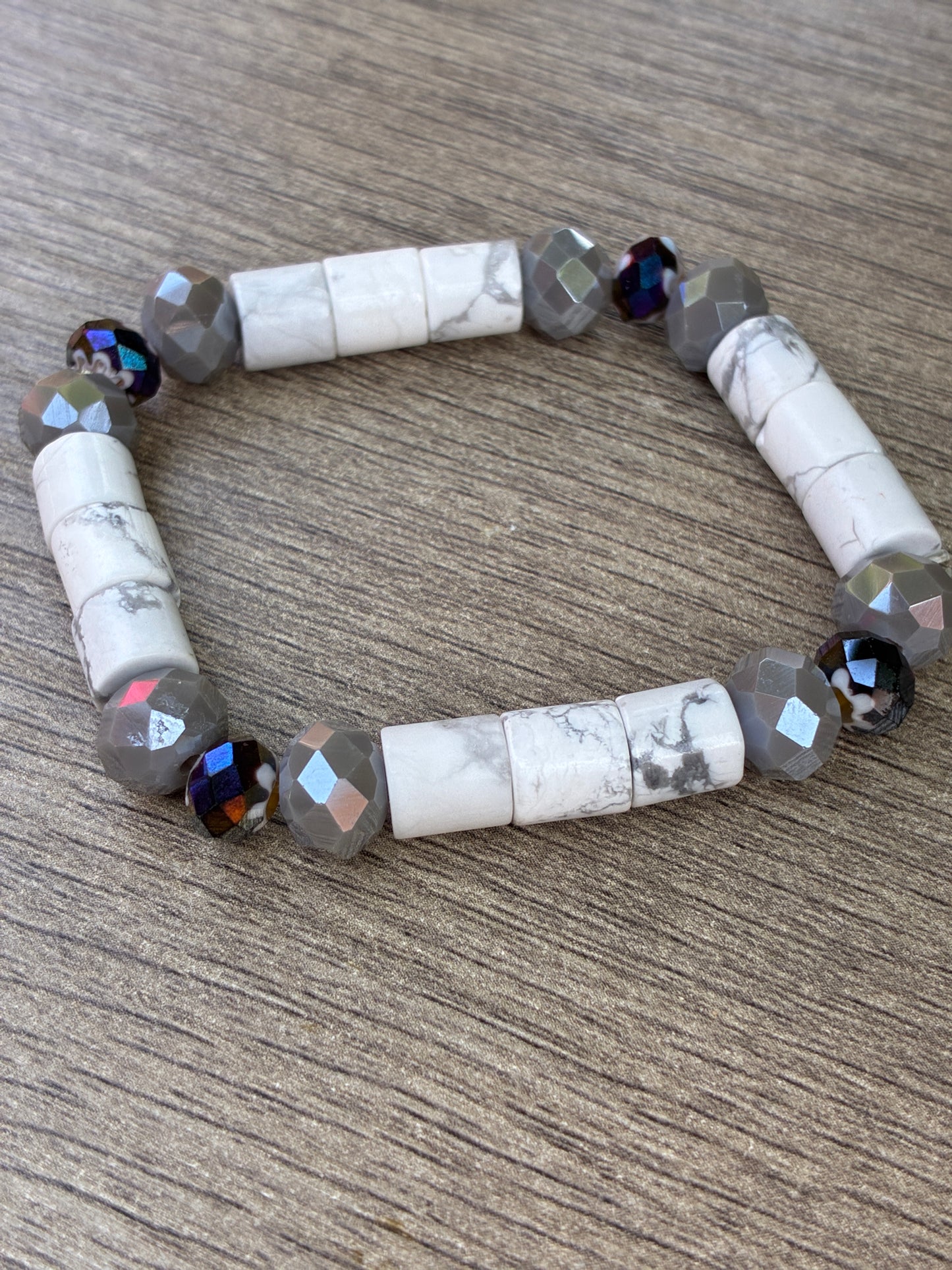 Howlite & Grey Beaded Bracelet- Size Medium