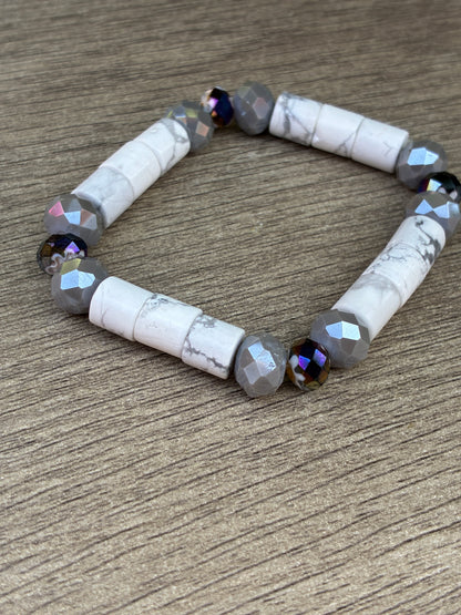 Howlite & Grey Beaded Bracelet- Size Medium