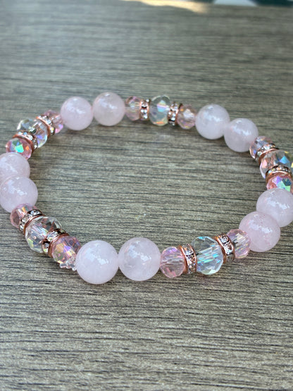 Rose Quartz featuring Rose Gold Diamond Accents Beaded Bracelet- Size Small