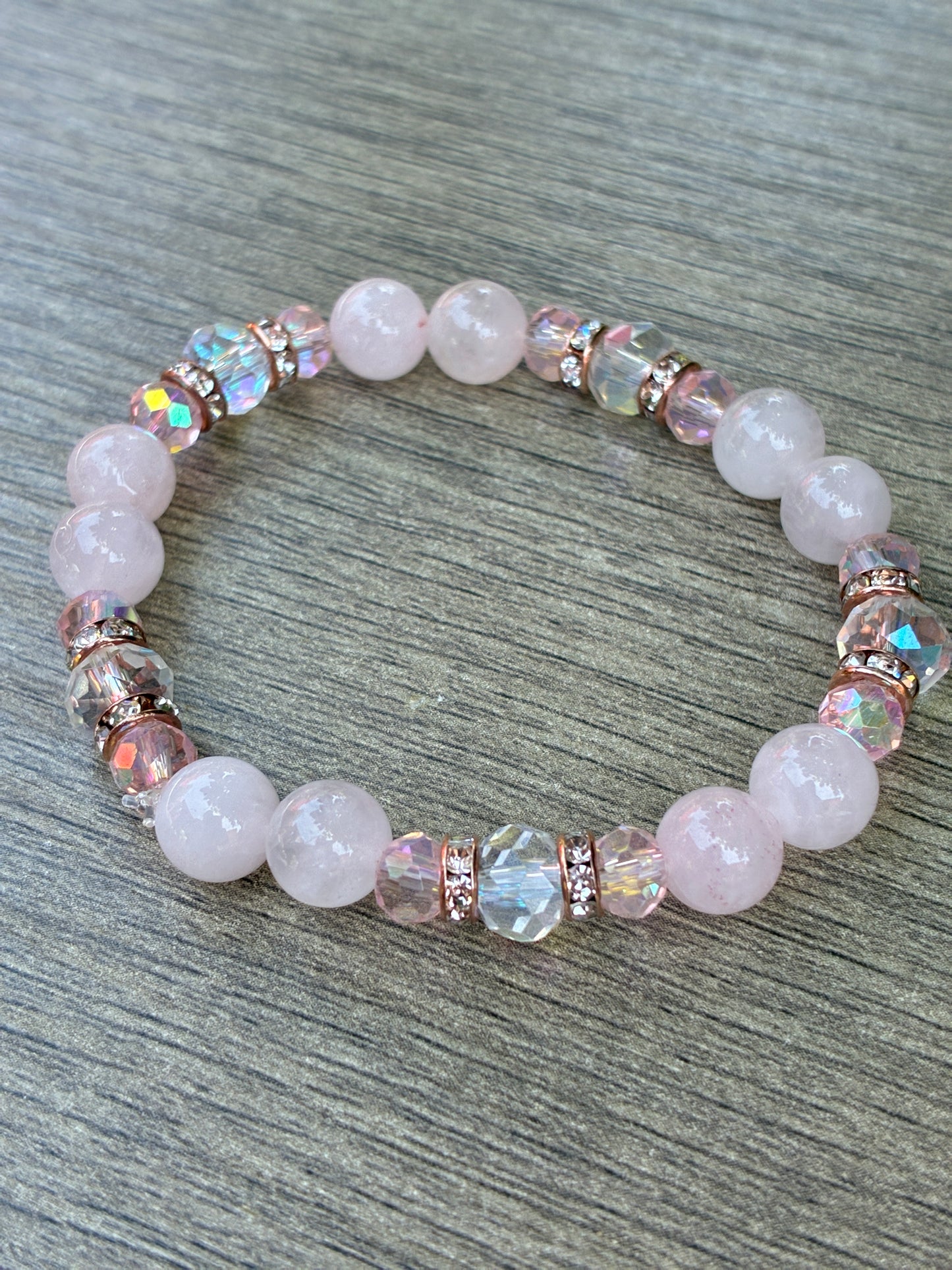 Rose Quartz featuring Rose Gold Diamond Accents Beaded Bracelet- Size Small