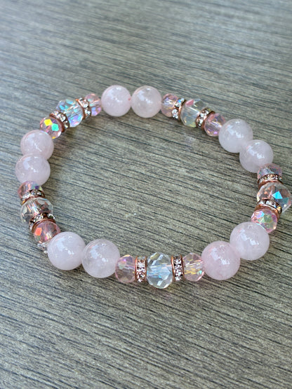 Rose Quartz featuring Rose Gold Diamond Accents Beaded Bracelet- Size Small