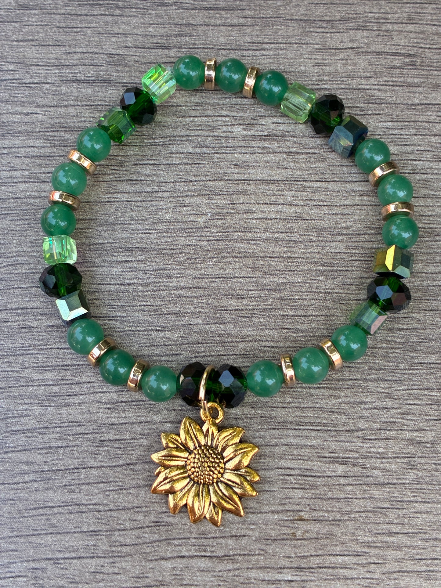 Aventurine & Iridescent Green Beaded Bracelet featuring Gold Sunflower- Size Large