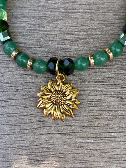Aventurine & Iridescent Green Beaded Bracelet featuring Gold Sunflower- Size Large