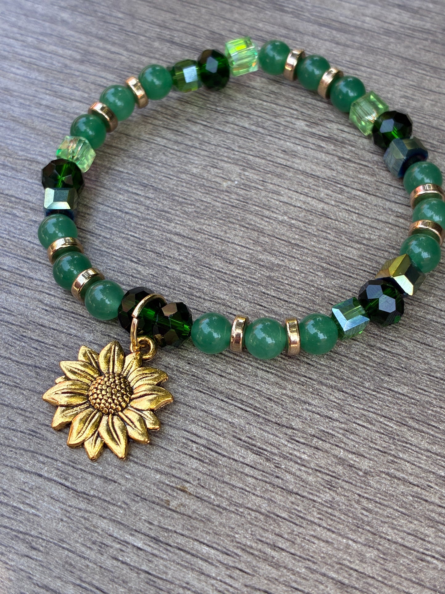 Aventurine & Iridescent Green Beaded Bracelet featuring Gold Sunflower- Size Large