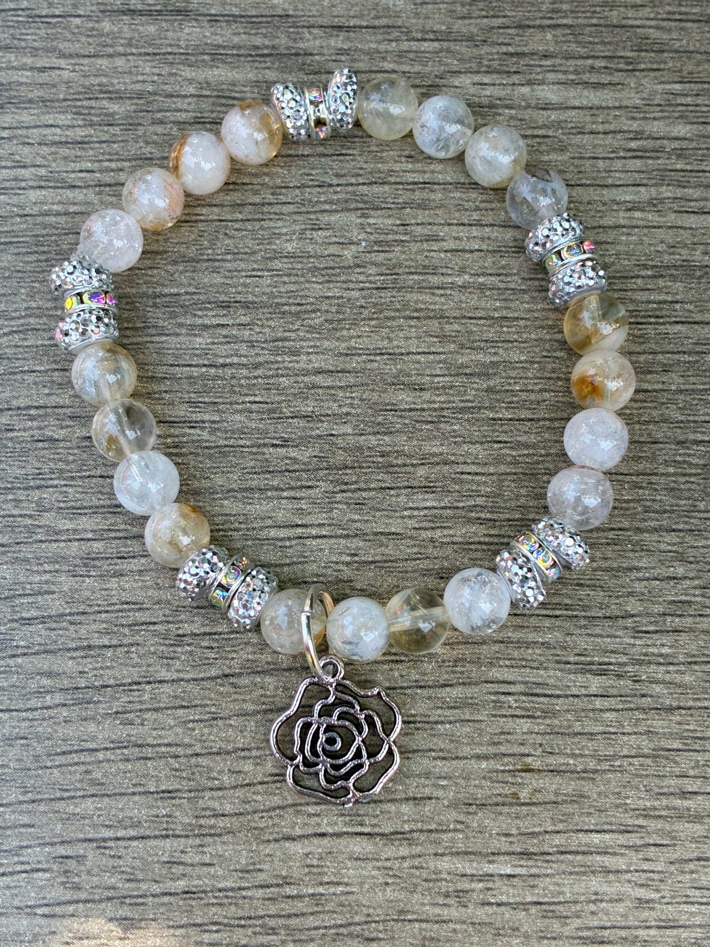 Citrine & Iridescent Beaded Bracelet featuring a Silver Rose Charm- Size Small