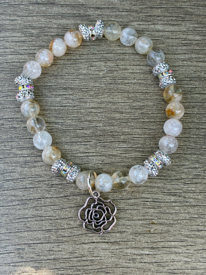 Citrine & Iridescent Beaded Bracelet featuring a Silver Rose Charm- Size Small