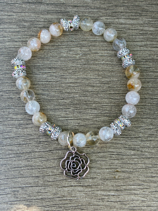 Citrine & Iridescent Beaded Bracelet featuring a Silver Rose Charm- Size Small