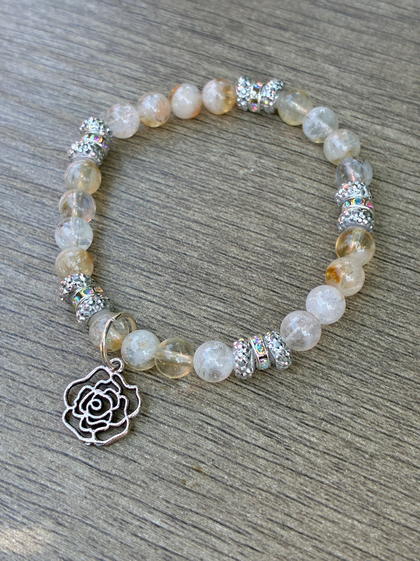 Citrine & Iridescent Beaded Bracelet featuring a Silver Rose Charm- Size Small