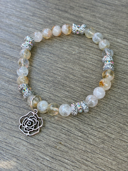 Citrine & Iridescent Beaded Bracelet featuring a Silver Rose Charm- Size Small
