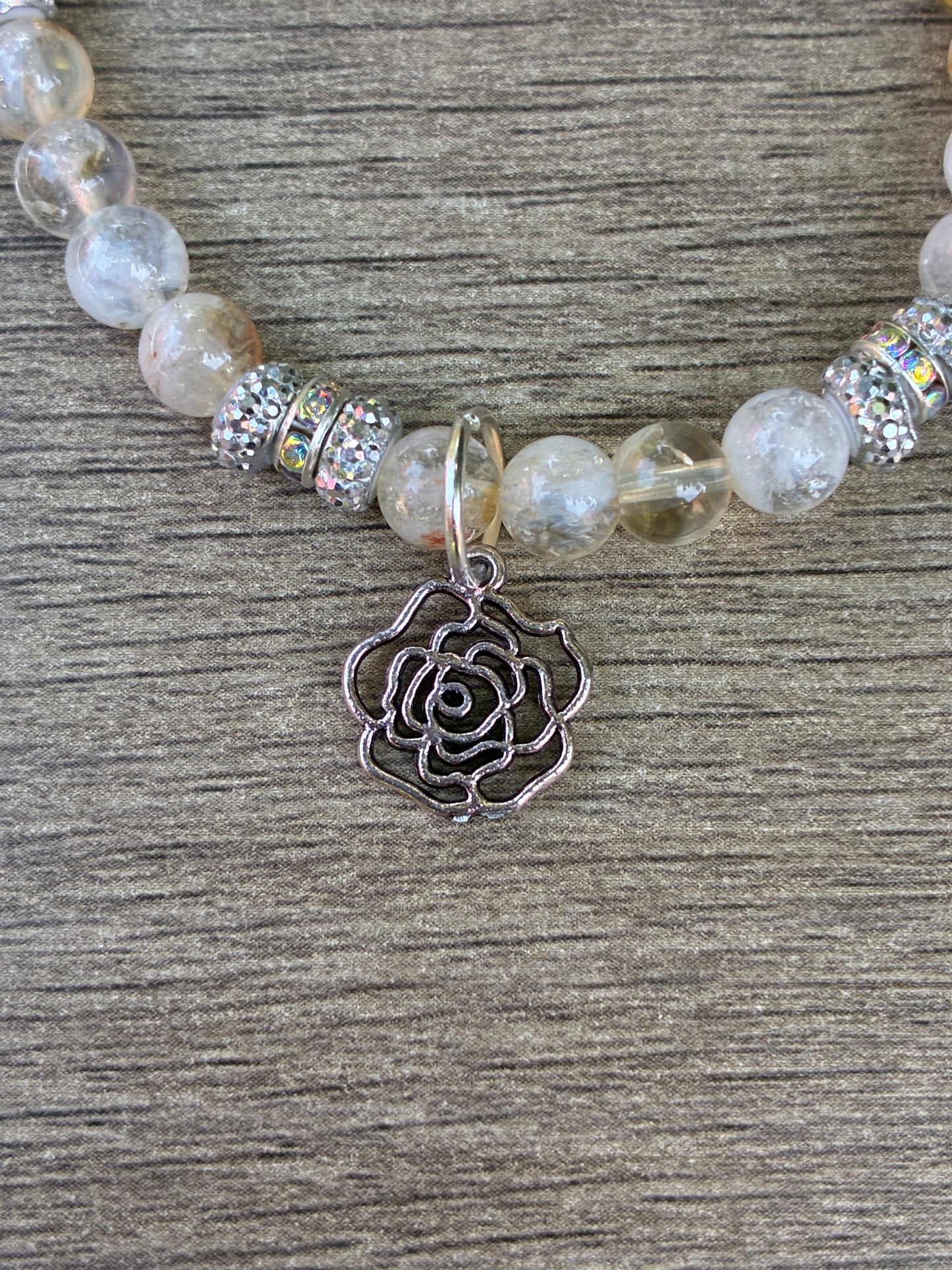 Citrine & Iridescent Beaded Bracelet featuring a Silver Rose Charm- Size Small