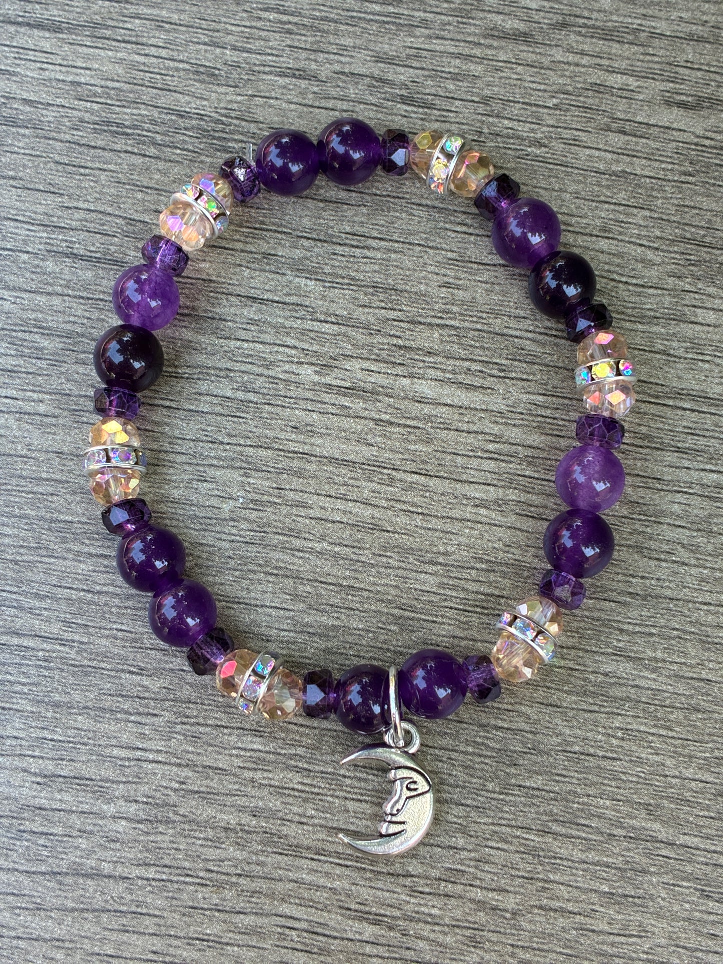 Amethyst & Iridescent Beaded Bracelet featuring Gold Crescent Moon- Size Small