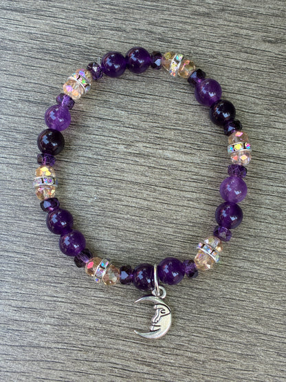Amethyst & Iridescent Beaded Bracelet featuring Gold Crescent Moon- Size Small