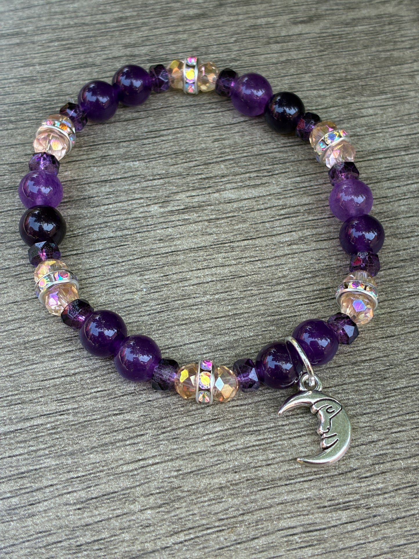 Amethyst & Iridescent Beaded Bracelet featuring Gold Crescent Moon- Size Small