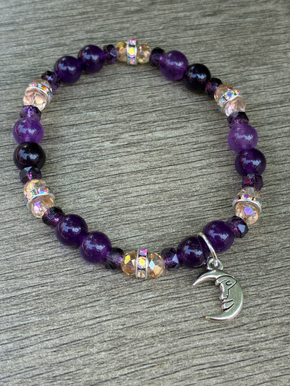 Amethyst & Iridescent Beaded Bracelet featuring Gold Crescent Moon- Size Small